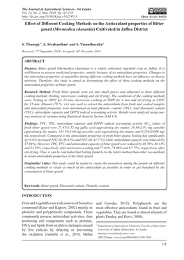 Effect of Different Cooking Methods on the Antioxidant Properties of Bitter Gourd (Mormodica Charantia) Cultivated in Jaffna District