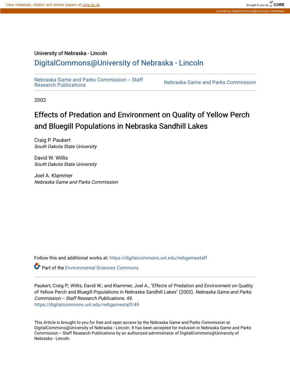 Effects of Predation and Environment on Quality of Yellow Perch and Bluegill Populations in Nebraska Sandhill Lakes