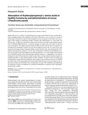 Absorption of N-Phenylpropenoyl-L-Amino Acids in Healthy Humans by Oral Administration of Cocoa (Theobroma Cacao)