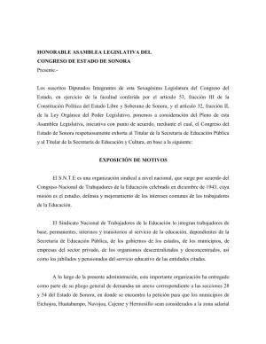 HONORABLE ASAMBLEA LEGISLATIVA DEL CONGRESO DE ESTADO DE SONORA Presente