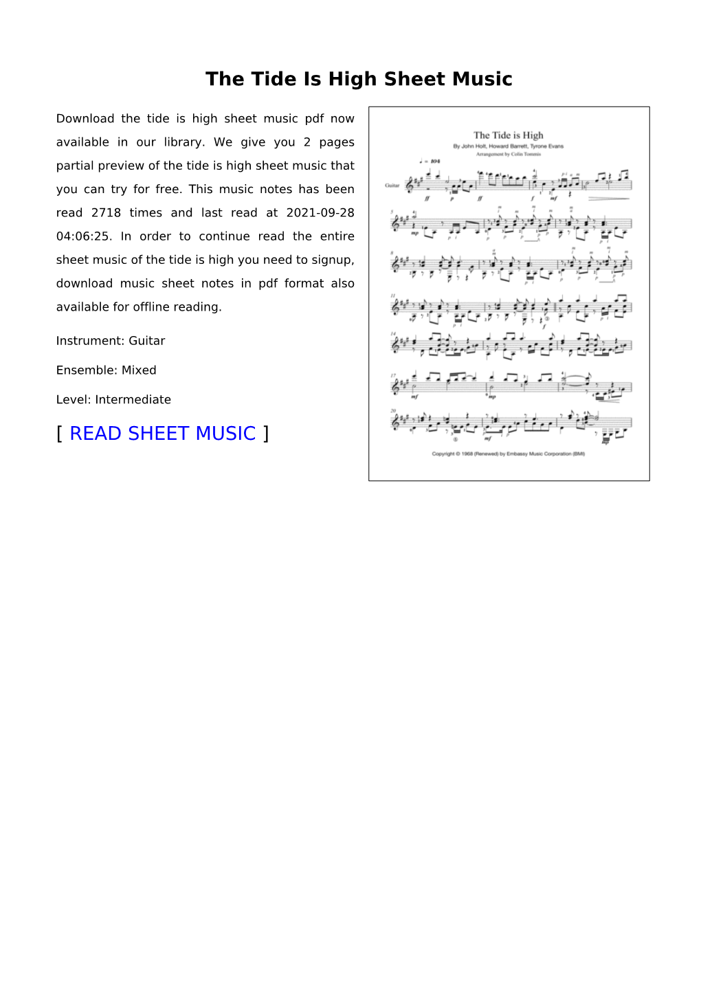 The Tide Is High Sheet Music