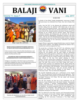 OM NAMO BHAGAVATE PANDURANGAYA BALAJI VANI Volume 11, Issue 7 July, 2017