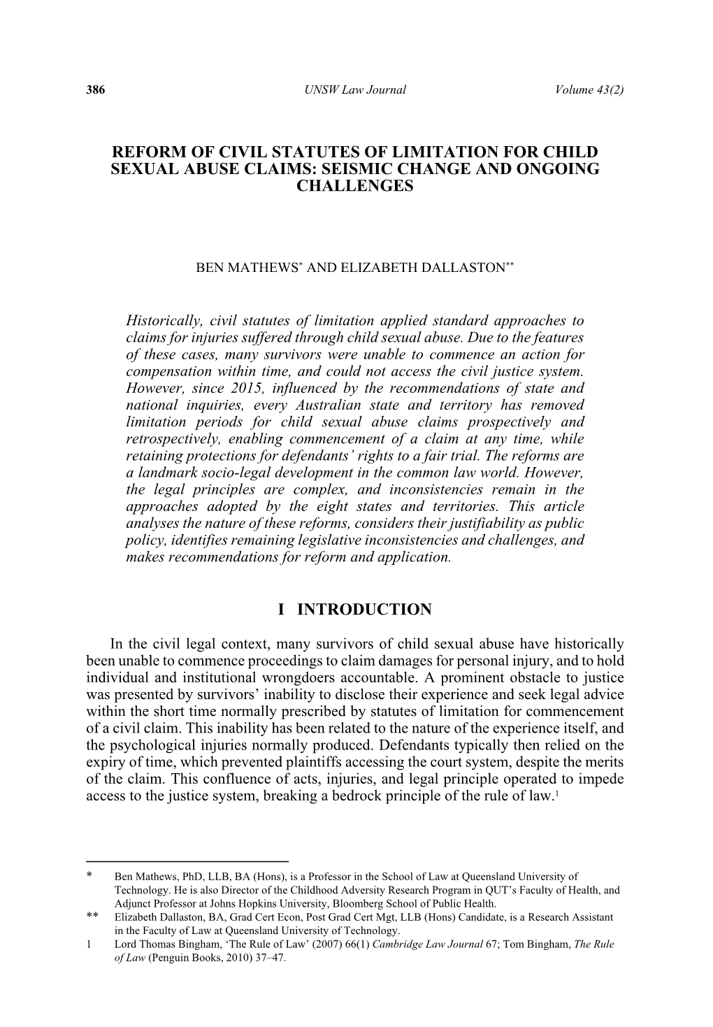 Reform of Civil Statutes of Limitation for Child Sexual Abuse Claims: Seismic Change and Ongoing Challenges