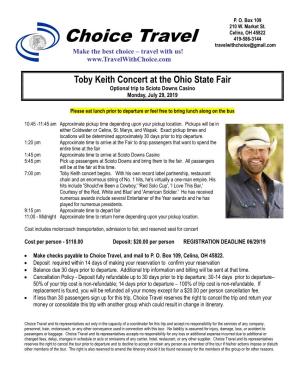 Toby Keith Concert at the Ohio State Fair Optional Trip to Scioto Downs Casino Monday, July 29, 2019
