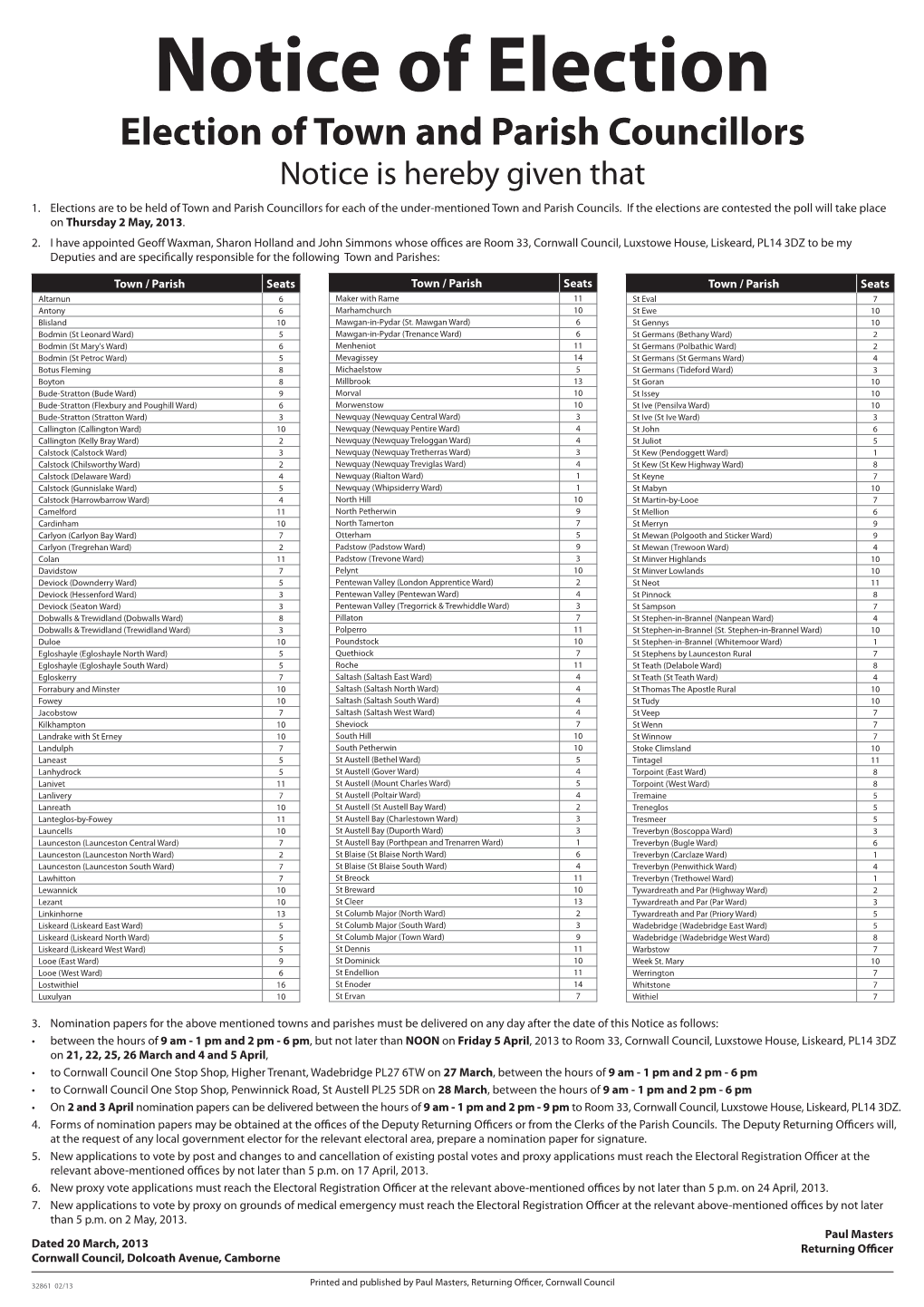 Election of Town and Parish Councillors Notice Is Hereby Given That 1