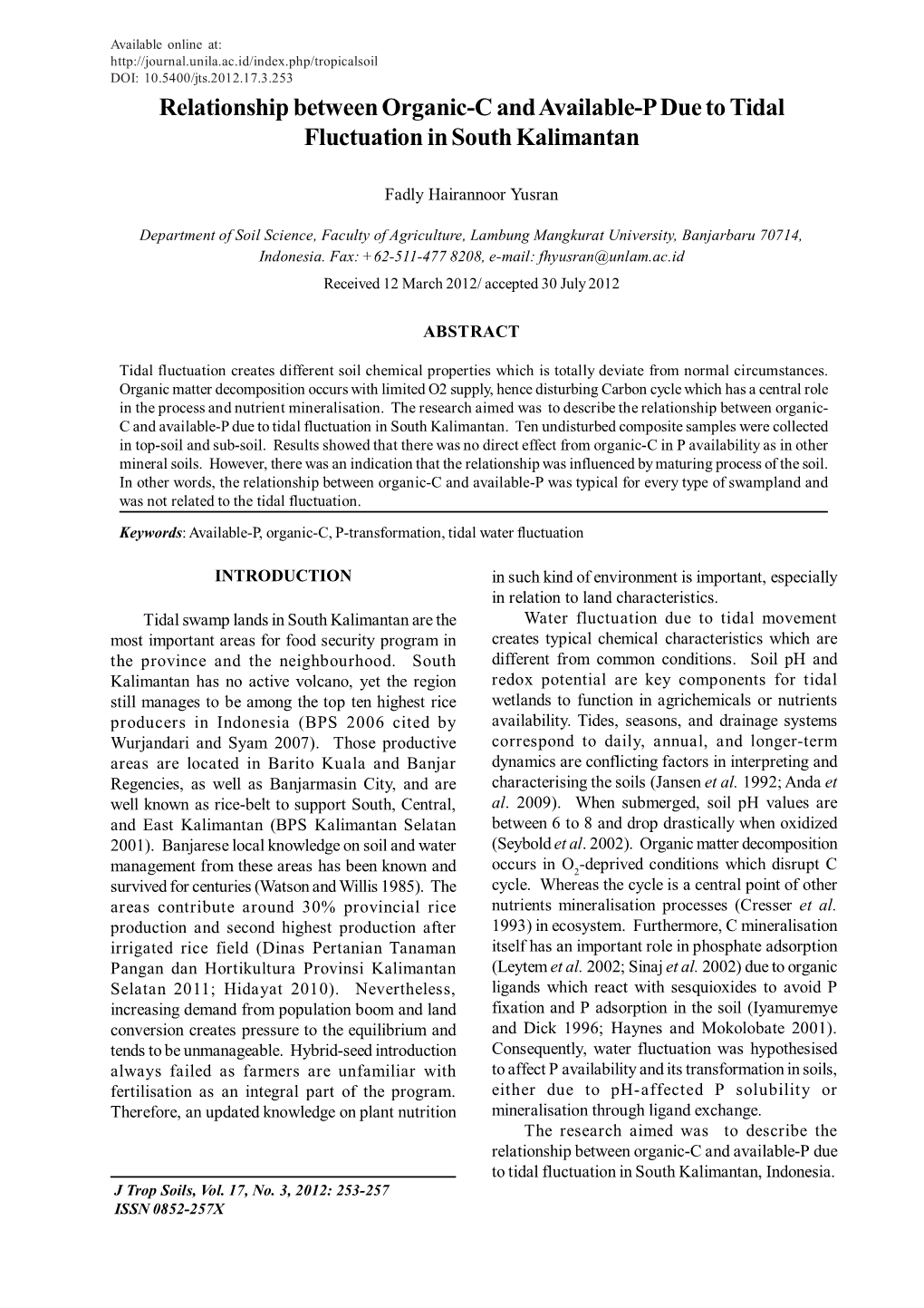 Relationship Between Organic-C and Available-P Due to Tidal Fluctuation in South Kalimantan