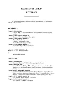 Register of Lords' Interests (29 August 2013)