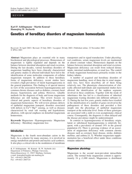 Genetics of Hereditary Disorders of Magnesium Homeostasis