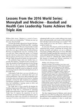 Lessons from the 2016 World Series: Moneyball and Medicinevbaseball and Health Care Leadership Teams Achieve the Triple Aim