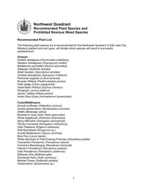 Northwest Quadrant Recommended Plant Species and Prohibited Noxious Weed Species