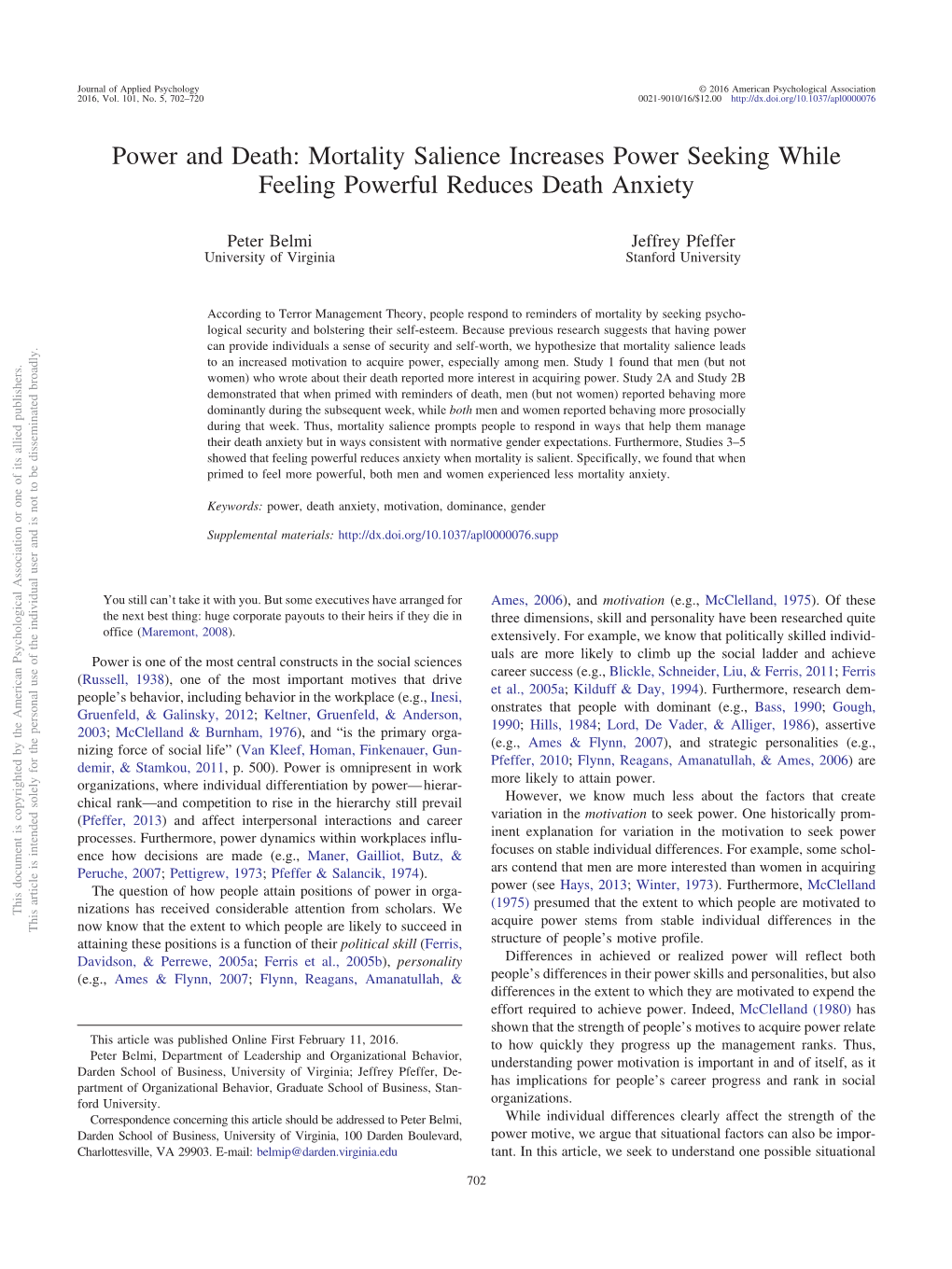 Power and Death: Mortality Salience Increases Power Seeking While Feeling Powerful Reduces Death Anxiety