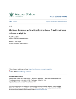Modiolus Demissus: a New Host for the Oyster Crab Pinnotheres Ostreum in Virginia