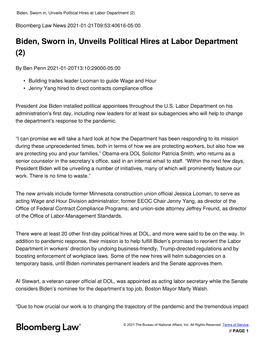 Biden, Sworn In, Unveils Political Hires at Labor Department (2)
