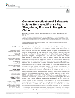 Genomic Investigation of Salmonella Isolates Recovered from a Pig Slaughtering Process in Hangzhou, China