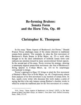 Re-Forming Brahms: Sonata Form and the Horn Trio, Ope 40 Christopher K