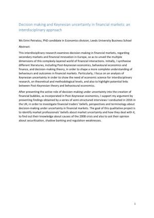 Decision Making and Keynesian Uncertainty in Financial Markets: an Interdisciplinary Approach