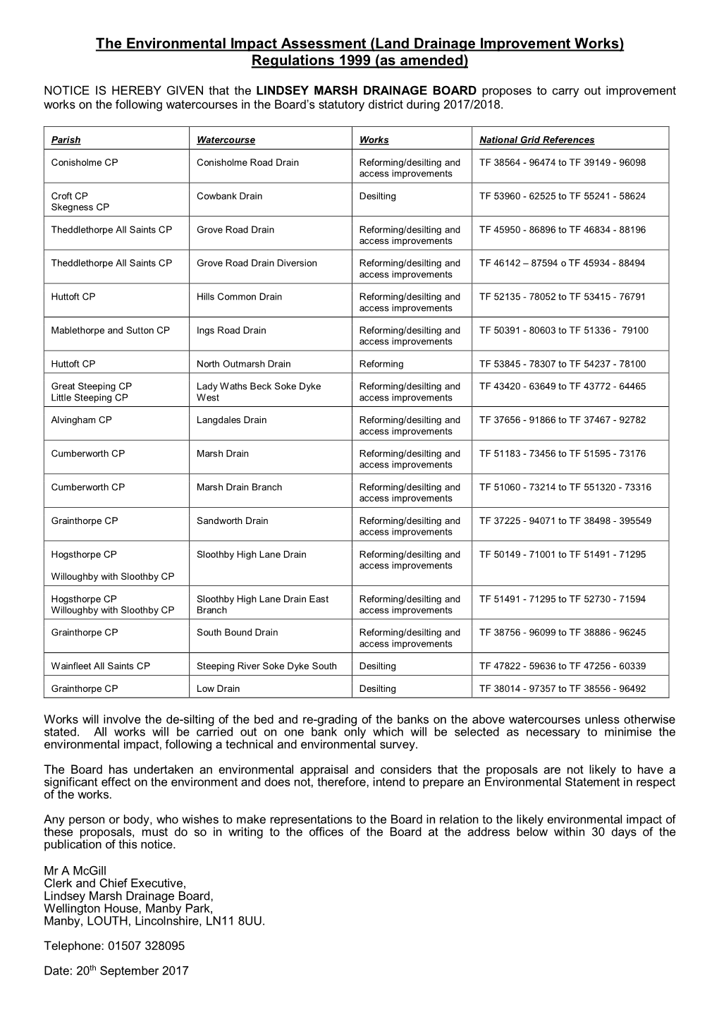 The Environmental Impact Assessment (Land Drainage Improvement Works) Regulations 1999 (As Amended)