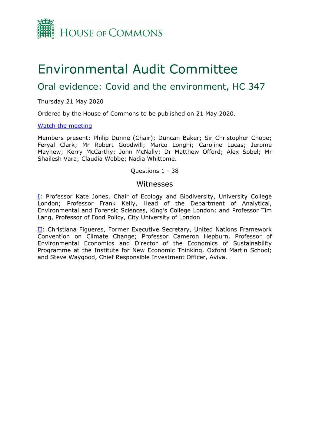 Environmental Audit Committee Oral Evidence: Covid and the Environment, HC 347