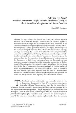 Why the Five Ways? Aquinas’S Avicennian Insight Into the Problem of Unity in the Aristotelian Metaphysics and Sacra Doctrina