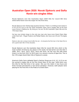 Australian Open 2020: Novak Djokovic and Sofia Kenin Win Singles Titles