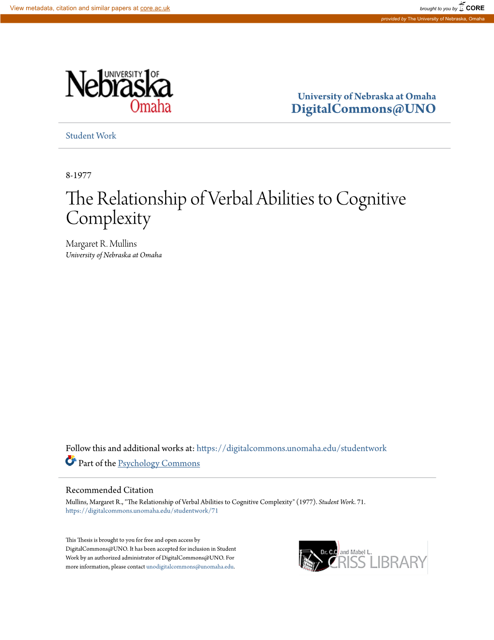 The Relationship of Verbal Abilities to Cognitive Complexity Margaret R