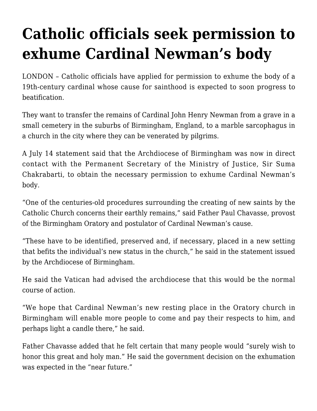 Catholic Officials Seek Permission to Exhume Cardinal Newman's Body