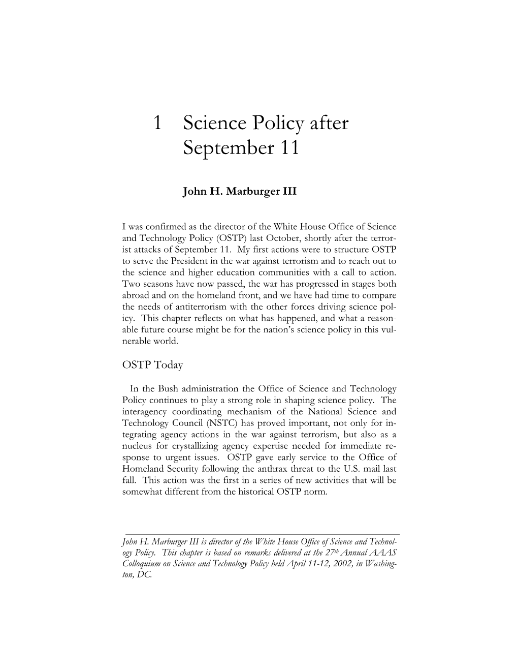 Science Policy After September 11