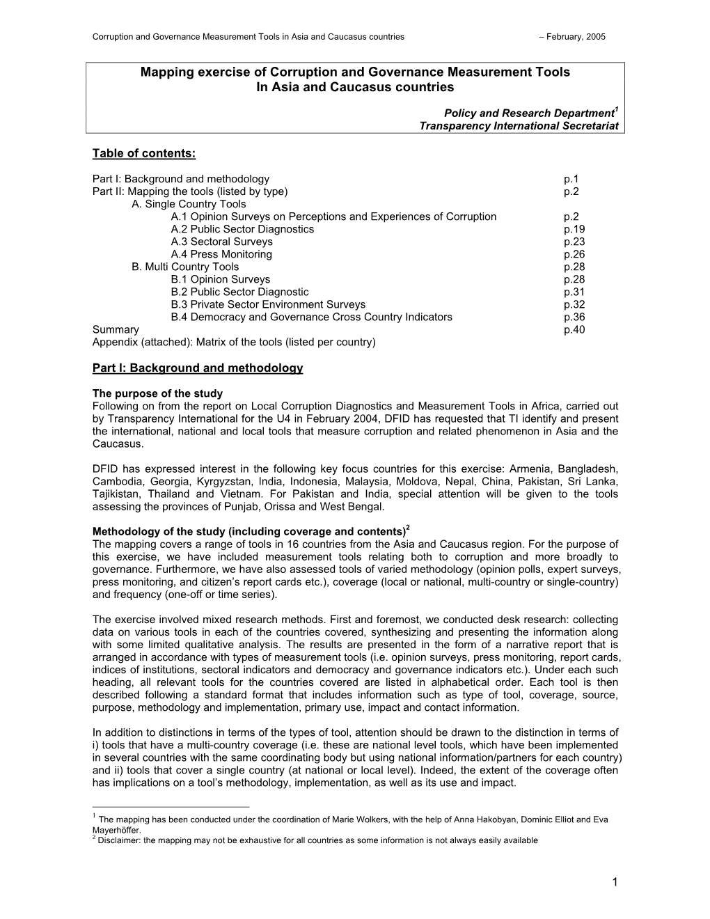 Mapping Exercise of Corruption and Governance Measurement Tools in Asia and Caucasus Countries