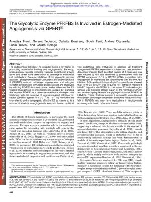 The Glycolytic Enzyme PFKFB3 Is Involved in Estrogen-Mediated Angiogenesis Via GPER1 S