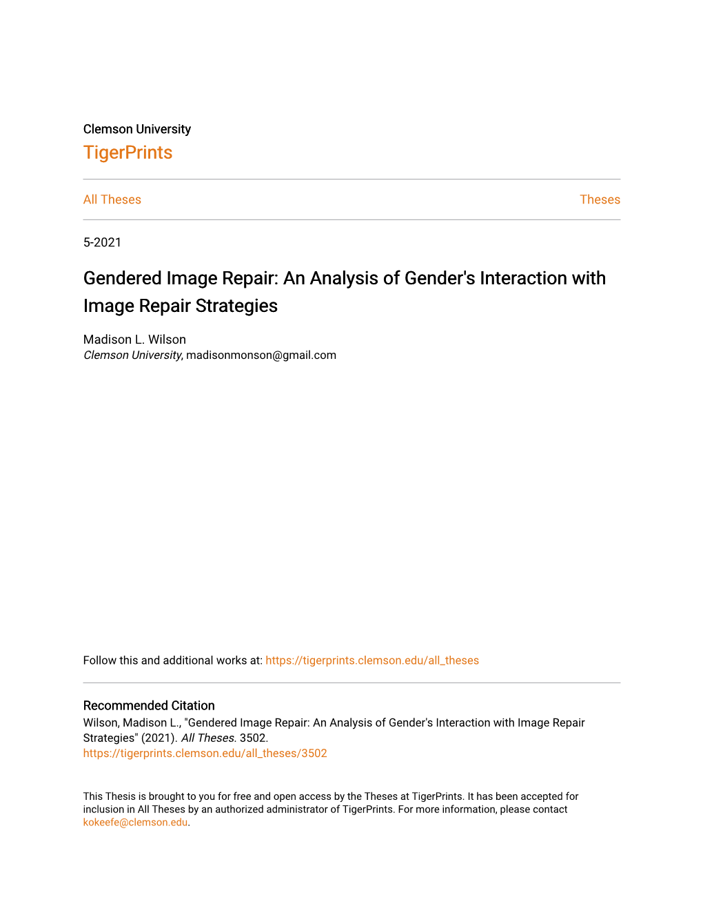 An Analysis of Gender's Interaction with Image Repair Strategies