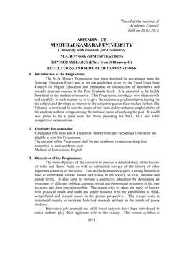 M.A. HISTORY (SEMESTER) (CBCS) REVISED SYLLABUS (Effect from 2018 Onwards) REGULATIONS and SCHEME of EXAMINATIONS 1