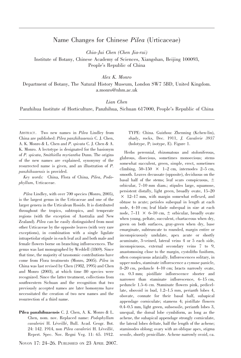 Name Changes for Chinese Pilea (Urticaceae)