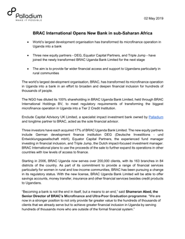 BRAC International Opens New Bank in Sub-Saharan Africa