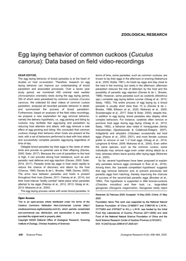 Egg Laying Behavior of Common Cuckoos (Cuculus Canorus): Data Based on Field Video-Recordings