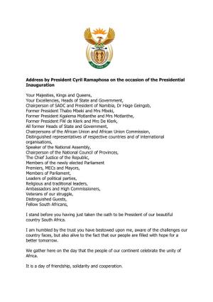 Address by President Cyril Ramaphosa on the Occasion of the Presidential Inauguration