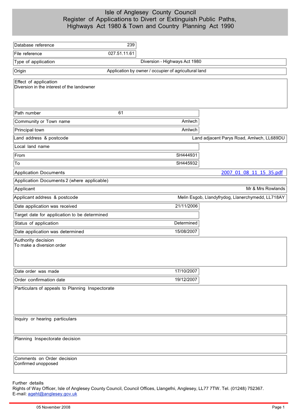 Isle of Anglesey County Council Register of Applications to Divert Or Extinguish Public Paths, Highways Act 1980 & Town and Country Planning Act 1990