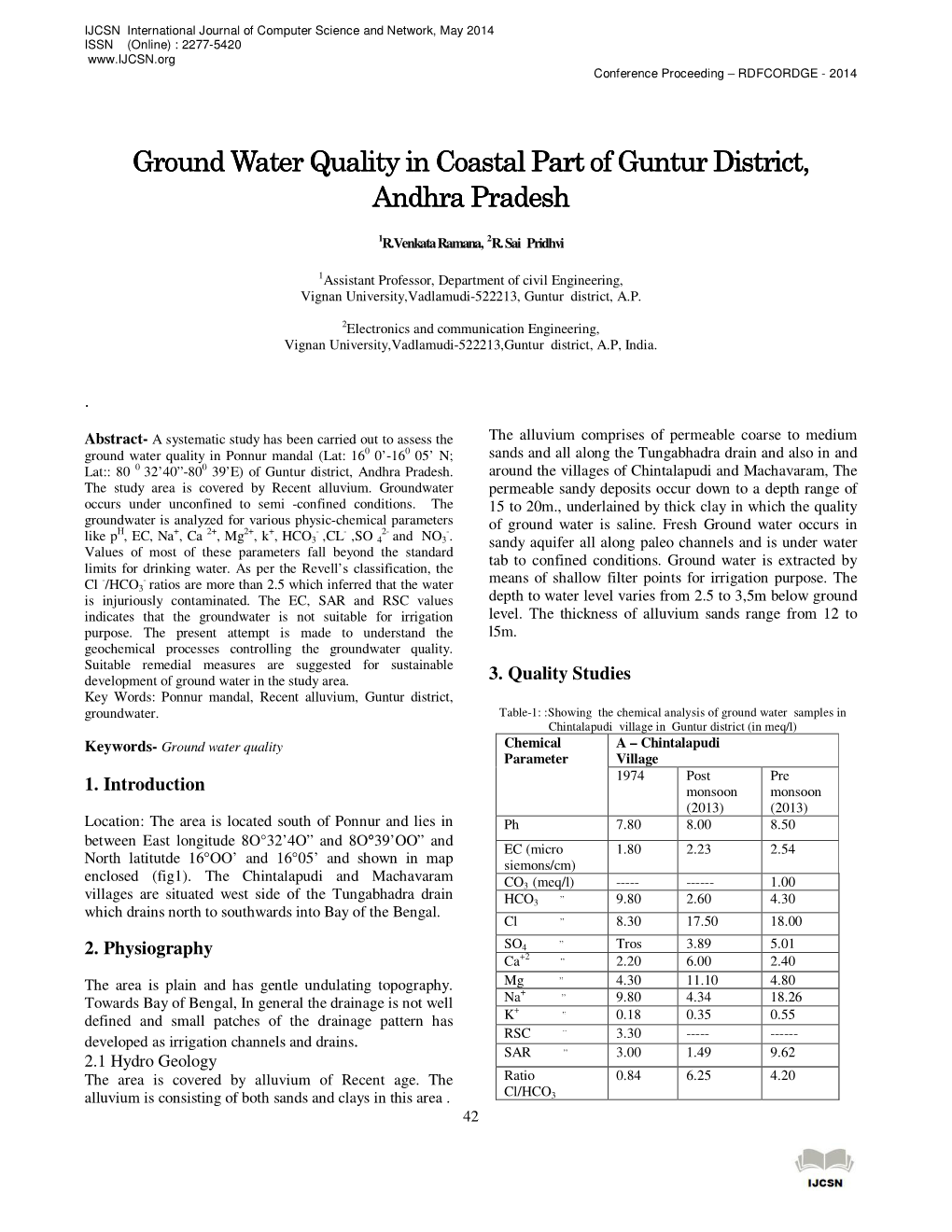 Ground Water Quality in Coastal Part of Guntur District, Andhra Pradesh