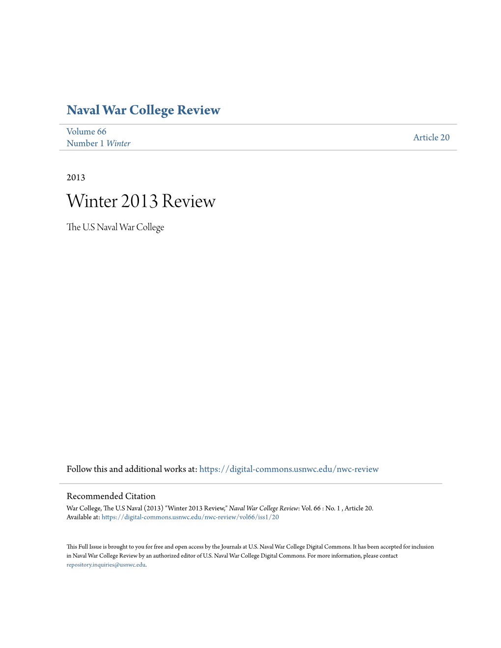 Winter 2013 Review the .SU Naval War College