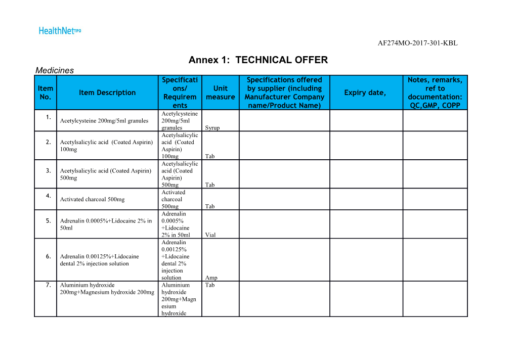 Annex 1: TECHNICAL OFFER