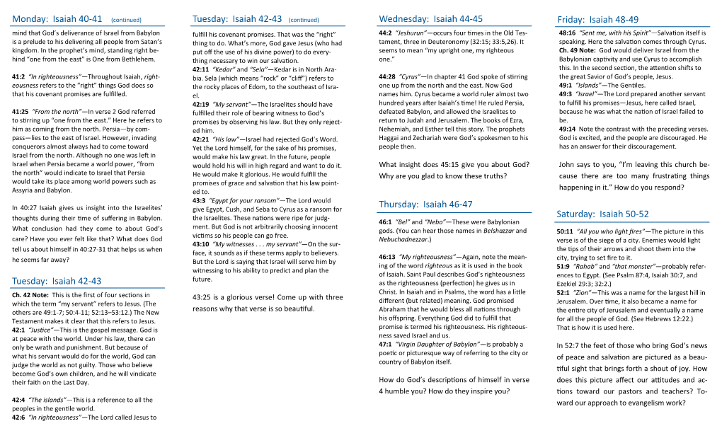 Isaiah 42-43 (Continued) Wednesday: Isaiah 44-45 Friday: Isaiah 48-49 Mind That God’S Deliverance of Israel from Babylon Fulfill His Covenant Promises