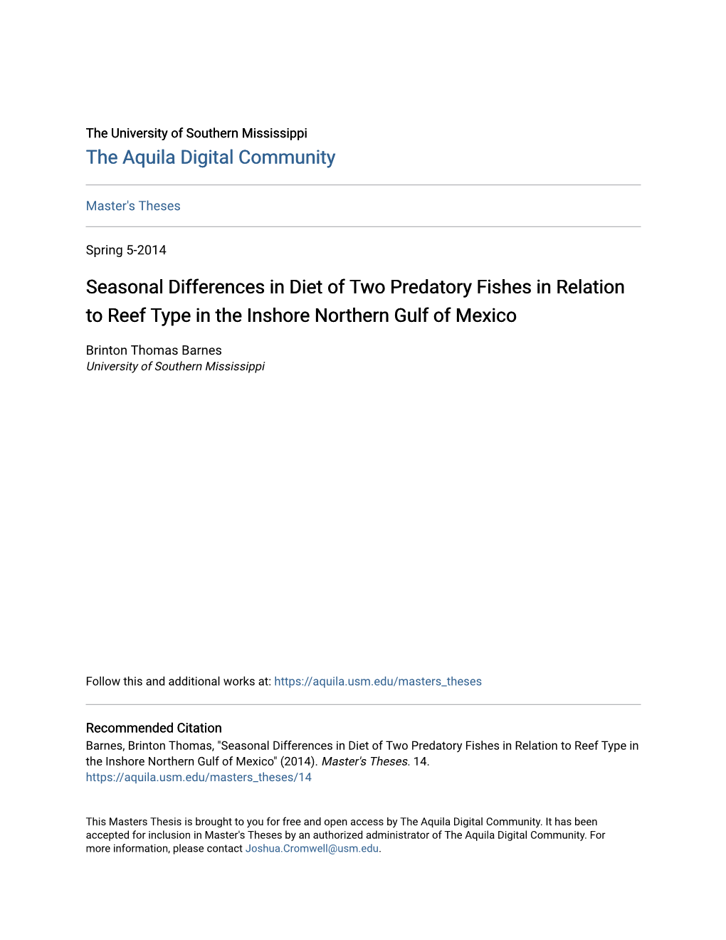 Seasonal Differences in Diet of Two Predatory Fishes in Relation to Reef Type in the Inshore Northern Gulf of Mexico