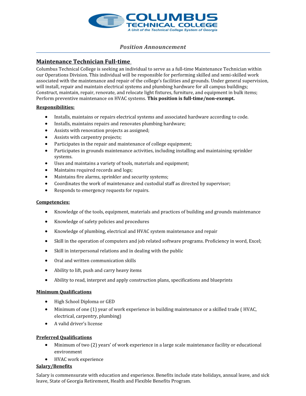 Maintenance Technician Full-Time