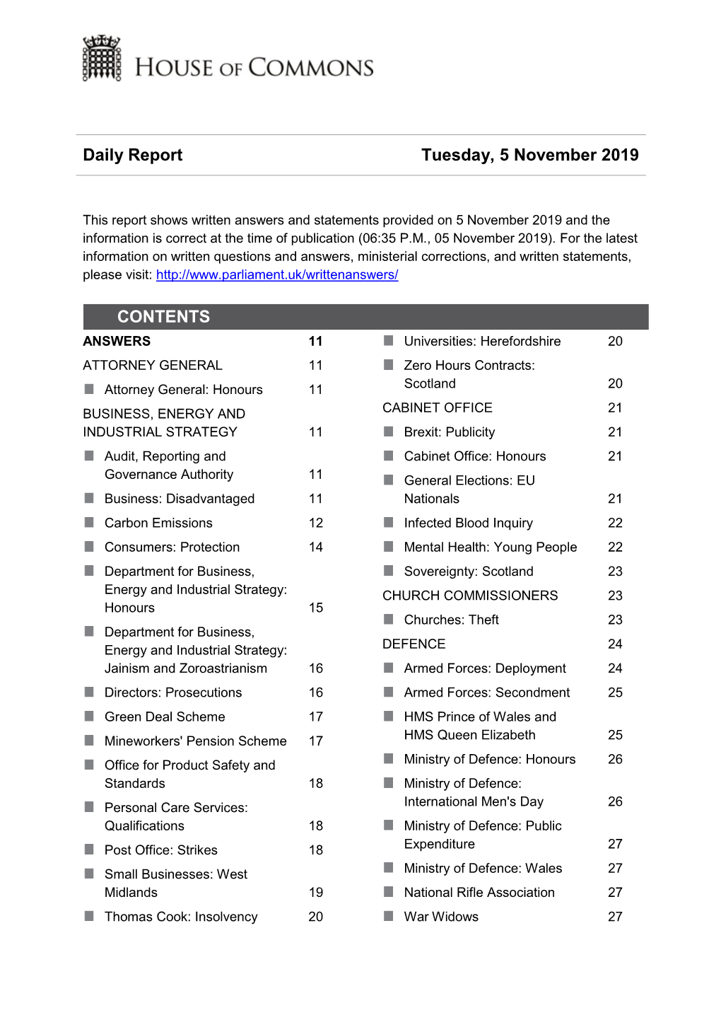 Daily Report Tuesday, 5 November 2019 CONTENTS