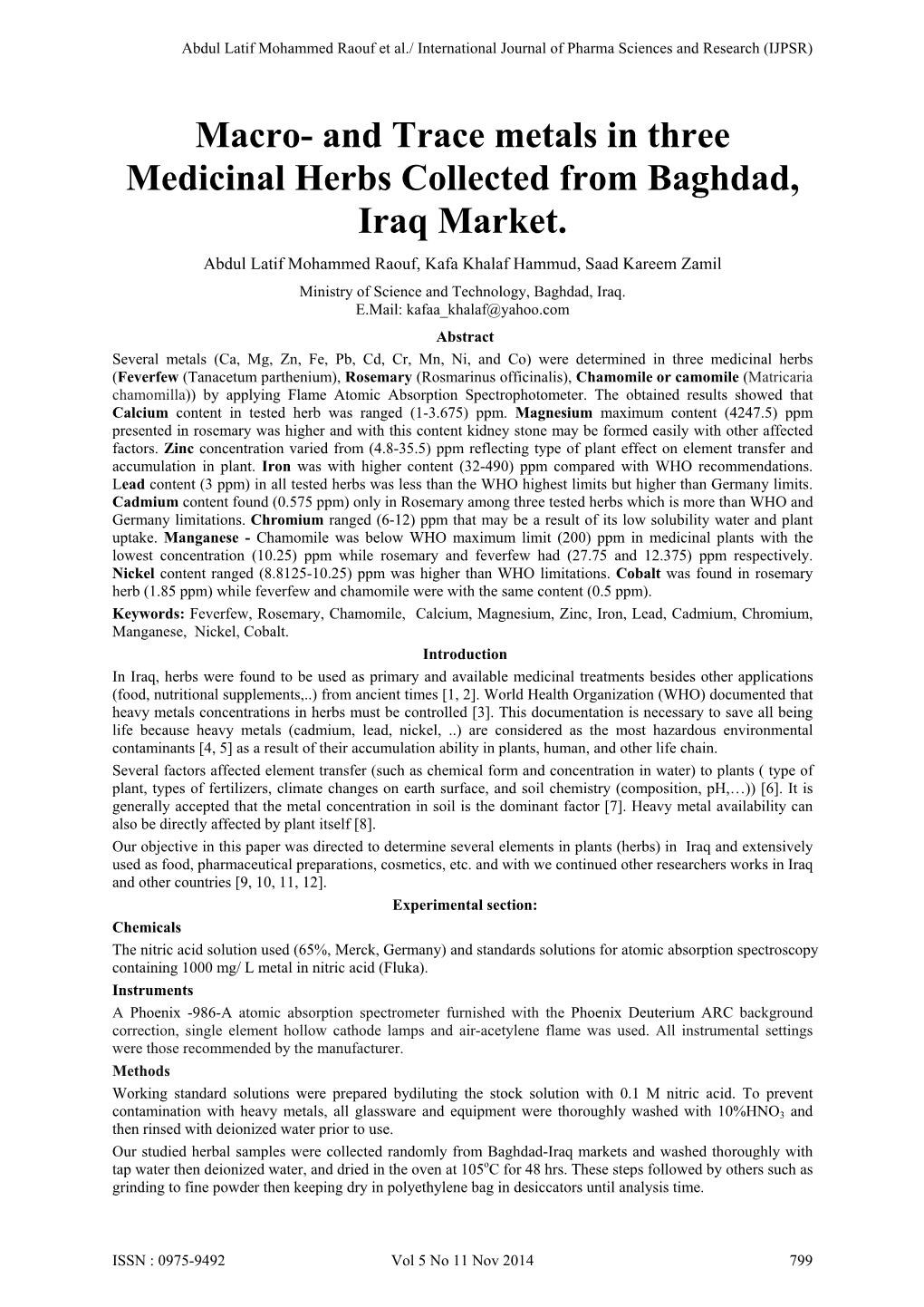 And Trace Metals in Three Medicinal Herbs Collected from Baghdad, Iraq Market