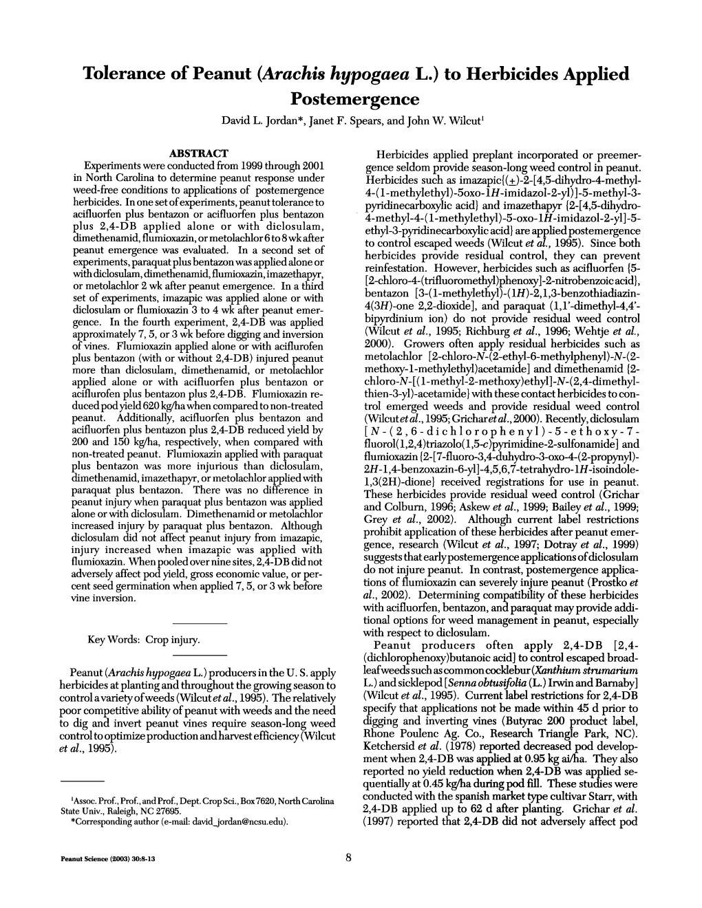 Tolerance of Peanuts to Alachlor and Metolachlor