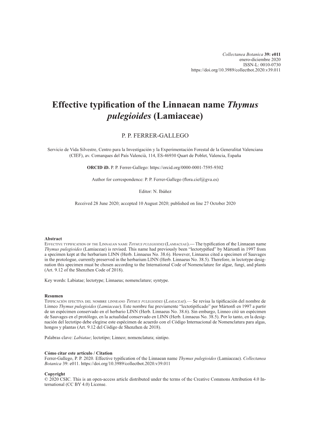 Effective Typification of the Linnaean Name Thymus Pulegioides (Lamiaceae)