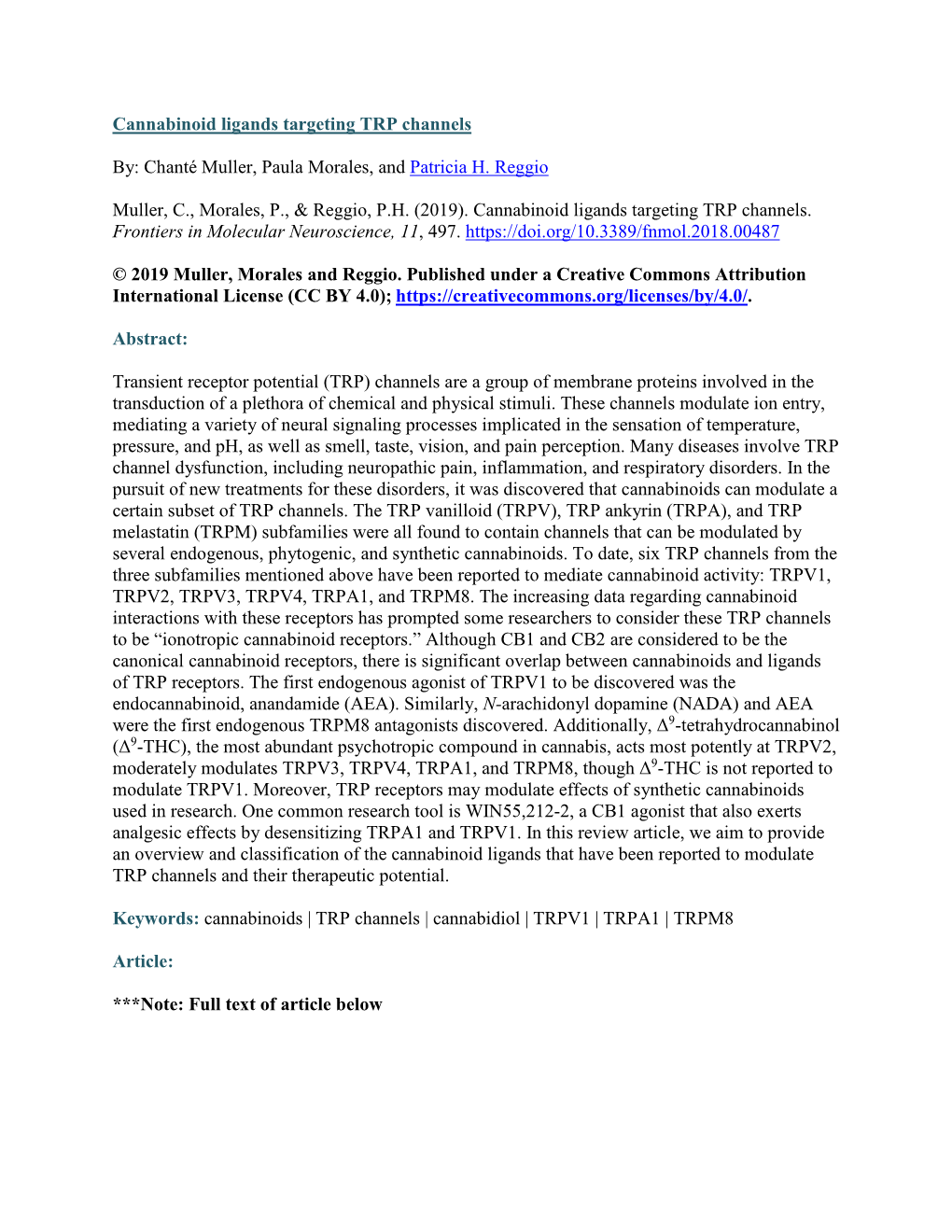 Cannabinoid Ligands Targeting TRP Channels By