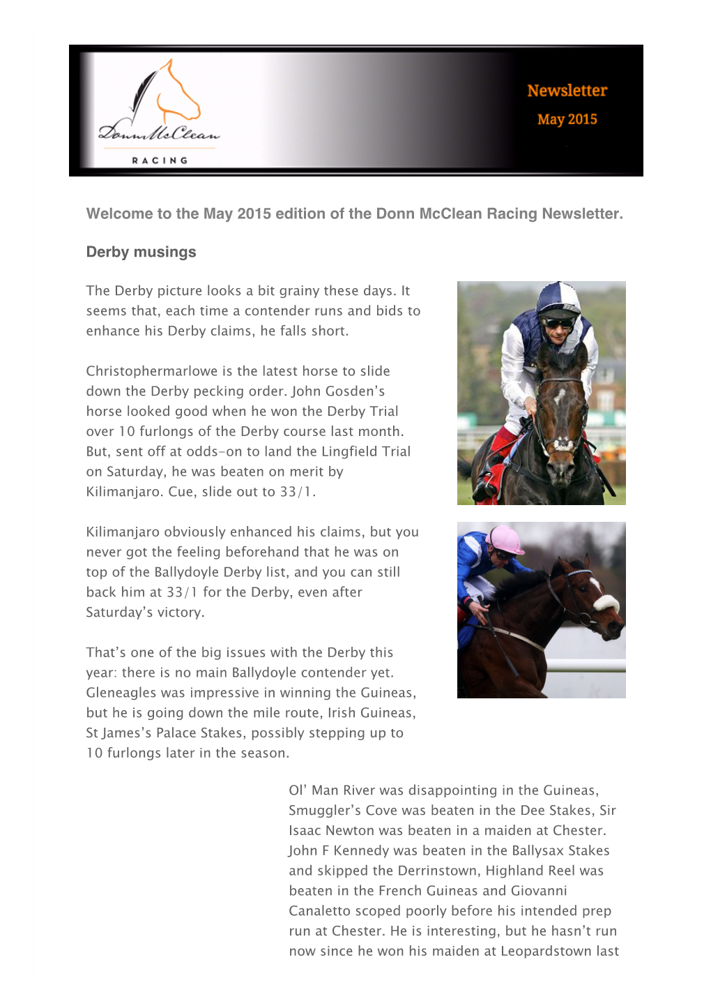 The May 2015 Edition of the Donn Mcclean Racing Newsletter