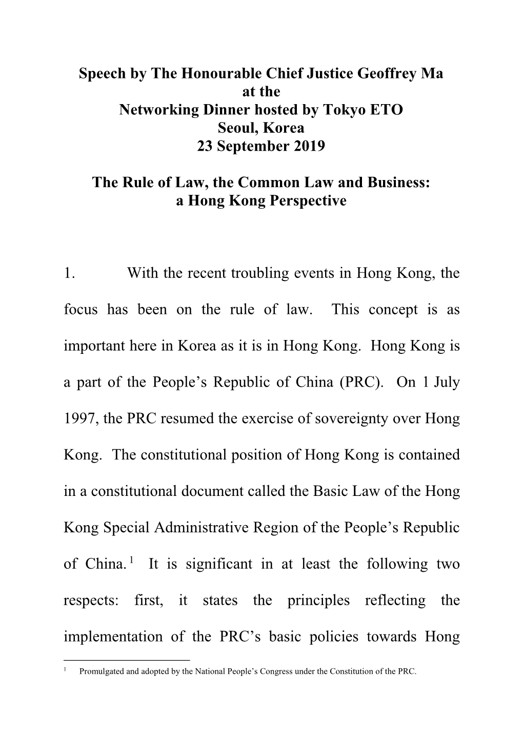 Speech by the Honourable Chief Justice Geoffrey Ma at the Networking Dinner Hosted by Tokyo ETO Seoul, Korea 23 September 2019