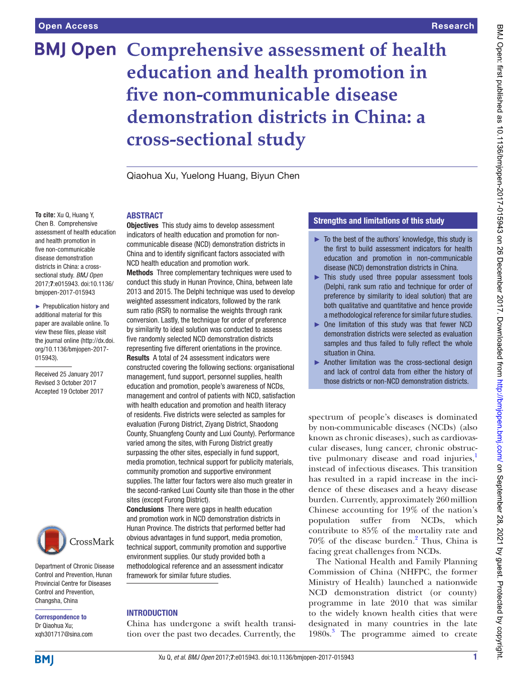 Comprehensive Assessment of Health Education and Health Promotion in Five Non-Communicable Disease Demonstration Districts in China: a Cross-Sectional Study